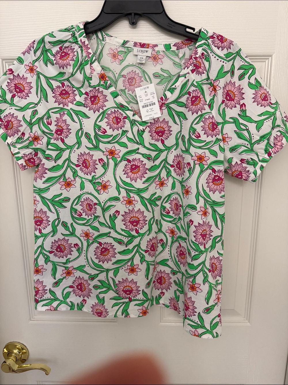 J. Crew White Tee with Pink Floral and Green Vine Print